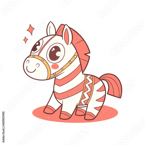 A charming cartoon zebra, adorned with coral stripes and decorative patterns, stands with a gentle smile.