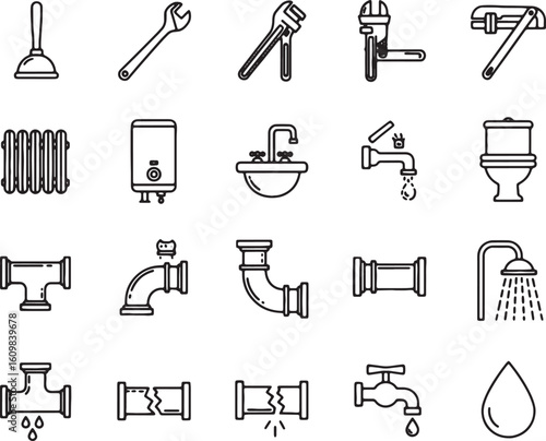 set of icons of tools, Plumbing Tools and Fixtures Icon Set
