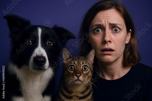 Shocked woman and pets share wide-eyed surprise and fear together