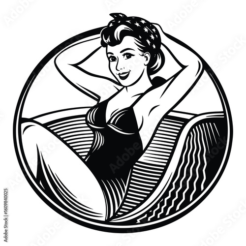 Woman in a black dress meditating in a lotus pose, a cartoon illustration
