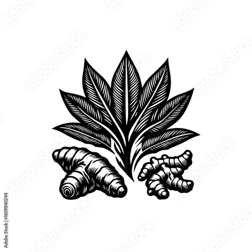 Ginger Root and Leaves Illustration.