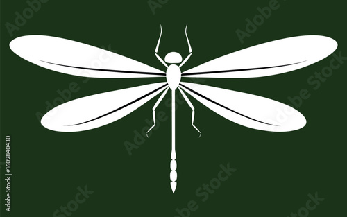 Minimal pure white dragonfly silhouette hovering dynamically
