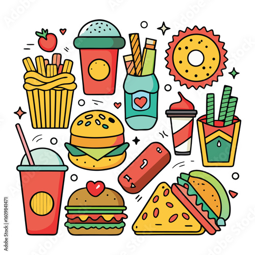 Fast food icon set vector illustration with delicious hamburger, pizza, donut, and coffee