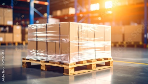 Stacked cardboard boxes, wrapped in plastic, on a wooden pallet inside a warehouse.  Sunlight streams in