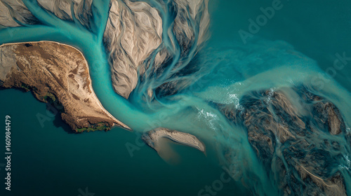 An abstract aerial perspective of a turquoise river branching through arid land
