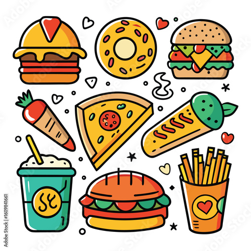 A vector cartoon illustration set of fast food icons including a hamburger, pizza, hotdog, and fries