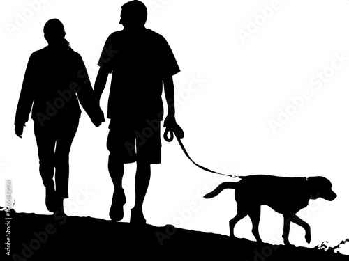 Silhouette of a couple walking arm in arm with a dog trailing behind.
The posture is casual and connected.