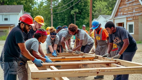 Community volunteers work together to build homes in a neighborhood during summer