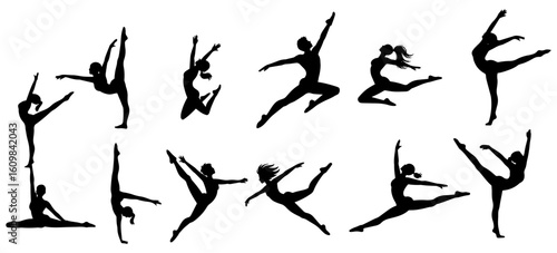 Silhouette Set of Female Gymnast and Ballerina – Flexible Dance Poses Vector Collection