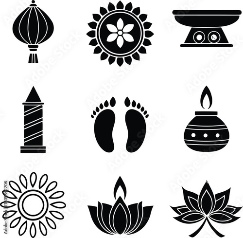Collection of black Indian cultural symbols including lantern diya footprints lotus flower and scale