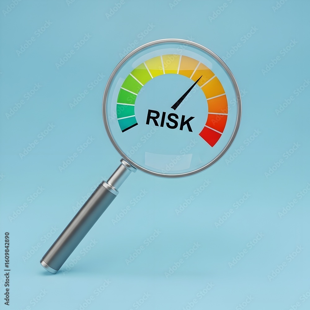 Magnifying Glass Showing Risk Assessment Meter Gauge Magnifying Glass Showing Risk Assessment Meter Gauge