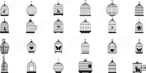 Various bird cages with animals and decorations animal cage