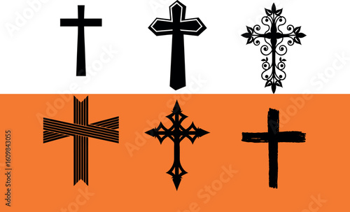 Six black crosses on white and orange background christianity