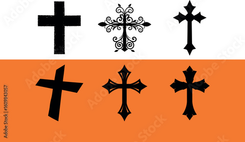 Six black crosses on white and orange background religious symbol