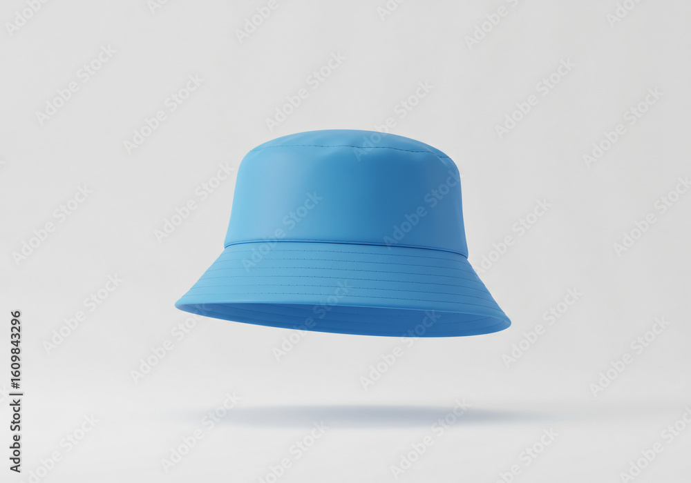 Fototapeta premium A floating blank blue bucket hat on a solid white background 