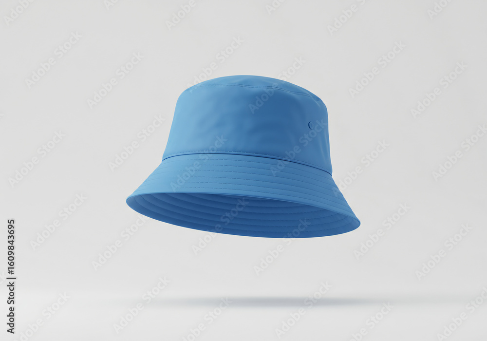 Fototapeta premium A floating blank blue bucket hat on a solid white background 