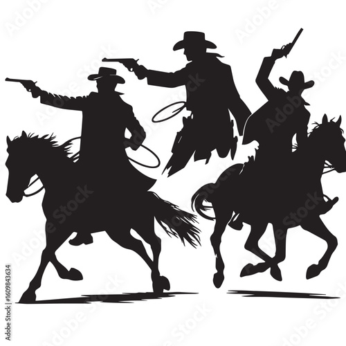 
Silhouette of a Cowboy on Horseback at Sunset

Western Cowboy Silhouette Against Dramatic Sky

Cowboy Riding Horse – Vintage Wild West Silhouette

Lone Cowboy Silhouette with Hat and Lasso

