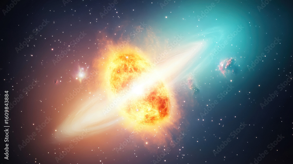 Fototapeta premium Vibrant cosmic collision of two stars creates glowing multicolored nebula surrounded by rotating gas disk, set against star filled space background