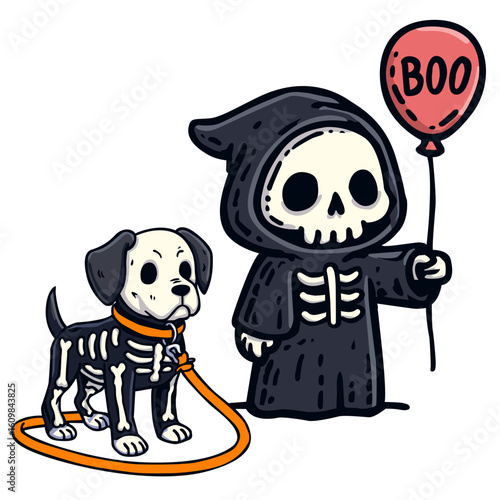 A cute cartoon Grim Reaper holds a balloon walking a skeleton dog Halloween themed illustration