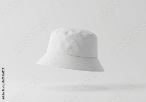 A floating blank white bucket hat on a solid white background 