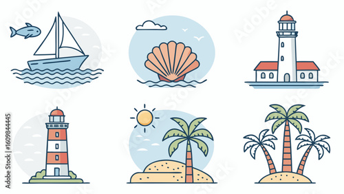  Coastal & Tropical Vacation Icon Set: Lighthouse, Sailboat & Palm Tree