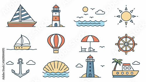 Summer Vacation & Travel Icon Set: Boat, Lighthouse & Hot Air Balloon