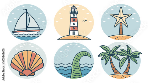 Nautical & Fantasy Sea Icon Set: Lighthouse, Sailboat & Sea Monster
