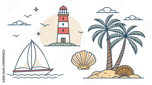 Nautical & Coastal Line Art Illustrations: Lighthouse, Sailboat & Palm Trees