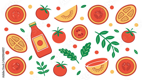Tomato themed pattern design with fresh tomatoes bottle of ketchup and various tomato slices ideal for culinary or vegetarian projects