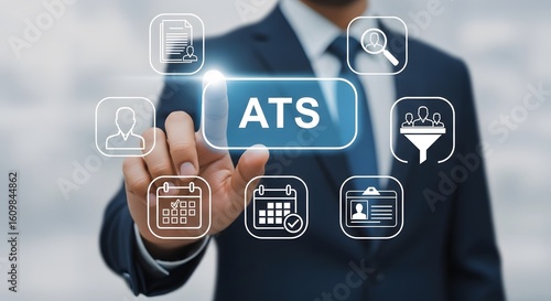 Businessman activating ATS system for efficient applicant tracking and recruitment, streamlining hiring with modern technology and data management