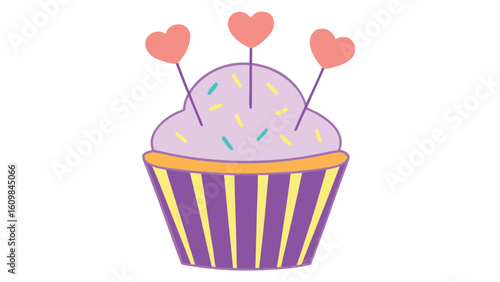Whimsical Cupcake Illustration with Heart Toppers on a Clean White Background Festive Sweet Treat