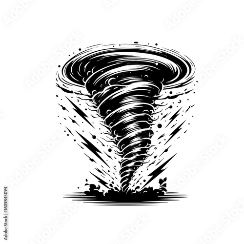 Powerful Tornado Swirling with Lightning Strikes.