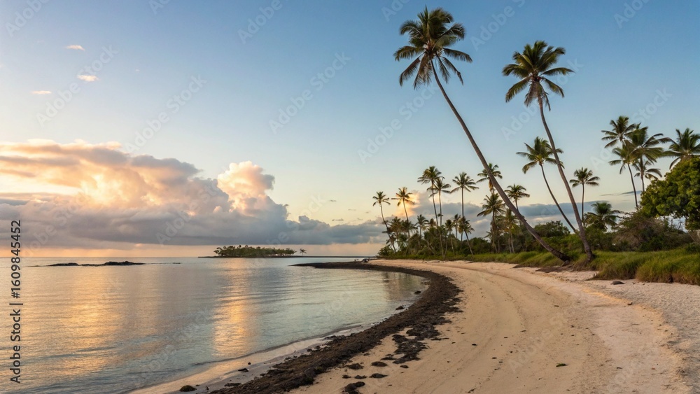 Fototapeta premium Serene Tropical Beach Sunrise | Palm Trees & Calm Ocean View