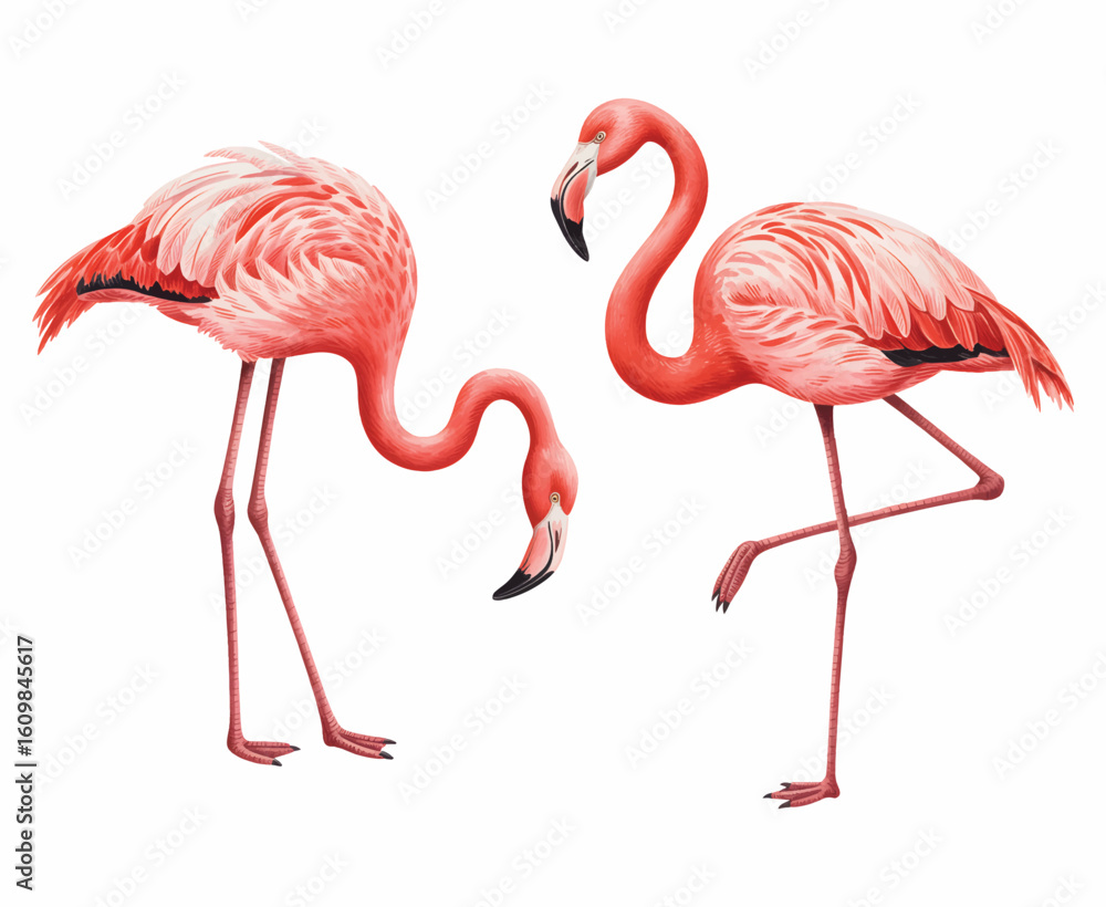 Obraz premium Watercolor flamingos in natural poses. Watercolor pink flamingoe victor illustration.