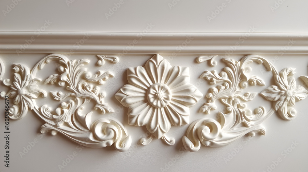 Fototapeta premium Ornate plaster wall decor with embossed floral designs.