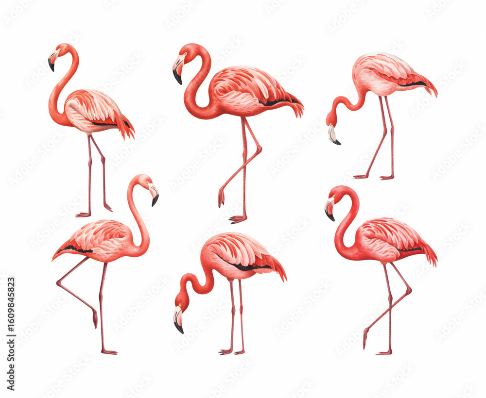 Obraz premium Watercolor study of flamingos in standing, walking, and bending positions. Watercolor flamingo vector Illustration.