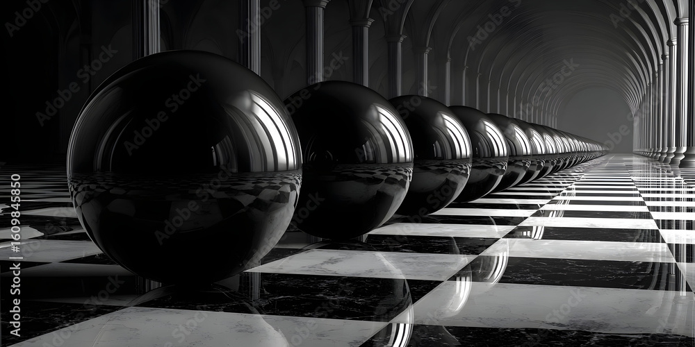 Reflective Black Spheres in a Monochrome Hallway Reflective Black Spheres in a Monochrome Hallway