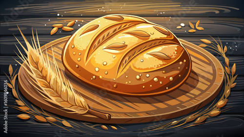 Rustic Crusty Loaf of Bread with Flour Explosion on Dark Wood