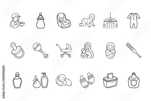 Collection line art icons for infant care baby items 