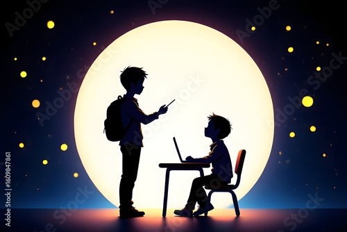 Kids learning online education concept silhouette with moon and stars background art