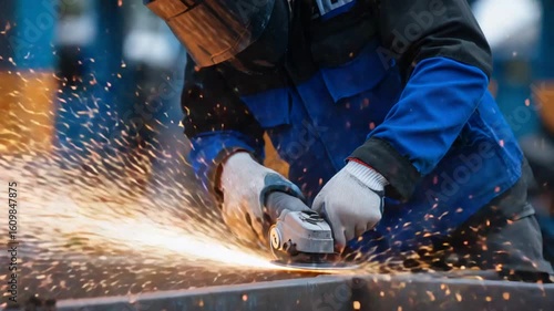 A metal grinder slices through a rusted beam, emitting sparks in a gritty industrial setting with visible safety gear.