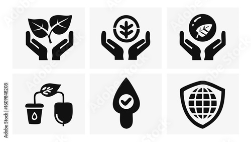 Ecology environment protection nature leaf plant organic care hand earth globe shield safe eco icons set on transparent background silhouette