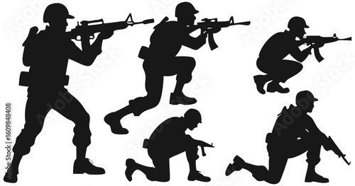 Soldier military army war combat troop rifle gun silhouette vector illustration graphic artwork design on transparent background