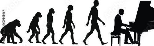 Evolution of man to pianist, human progress concept, creativity development, artistic growth, music evolution, silhouette transformation, intelligence and talent journey