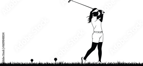 Female golfer swinging club on course, sport silhouette, golfing woman in action, athletic lifestyle, outdoor game, grass field background