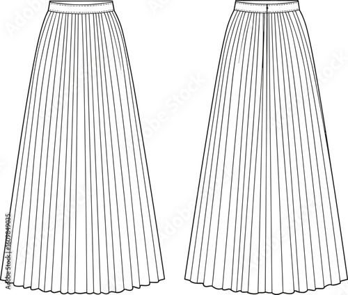 Flat technical sketch of long pleated skirt, front and back view, fashion design template drawing