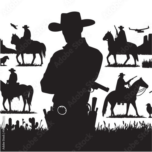 Silhouette of a Cowboy on Horseback at Sunset

Western Cowboy Silhouette Against Dramatic Sky

Cowboy Riding Horse – Vintage Wild West Silhouette

Lone Cowboy Silhouette with Hat and Lasso

