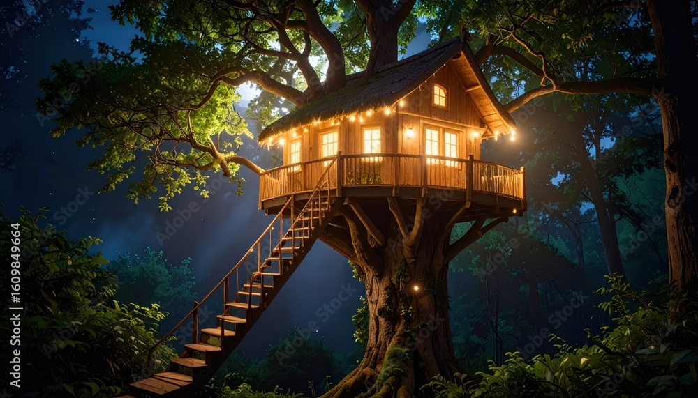 Illuminated Treetop House at Night in Lush Forest Illuminated Treetop House at Night in Lush Forest