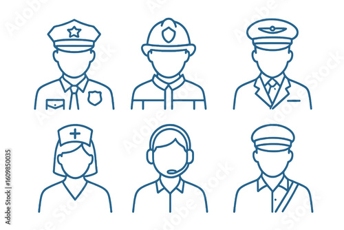 Set of six blue outline avatar icons including mail carrier and customer service representative. Ideal for apps, company profiles, and stock designs.