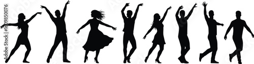 Group of people dancing in silhouette, energetic movement, artistic pose, performing arts, creative expression, dance routine, fun celebration scene
